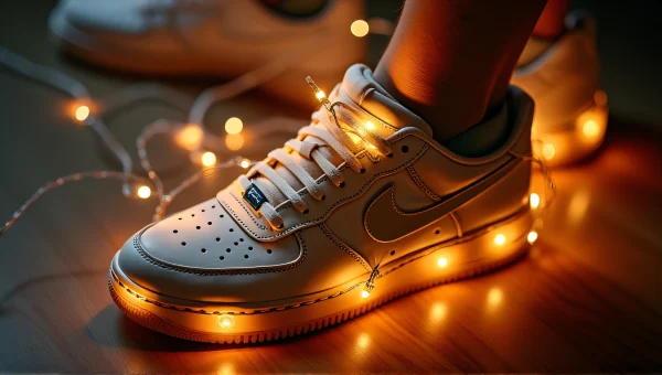 Shoe Wrapped in Glowing String Lights Close-Up
