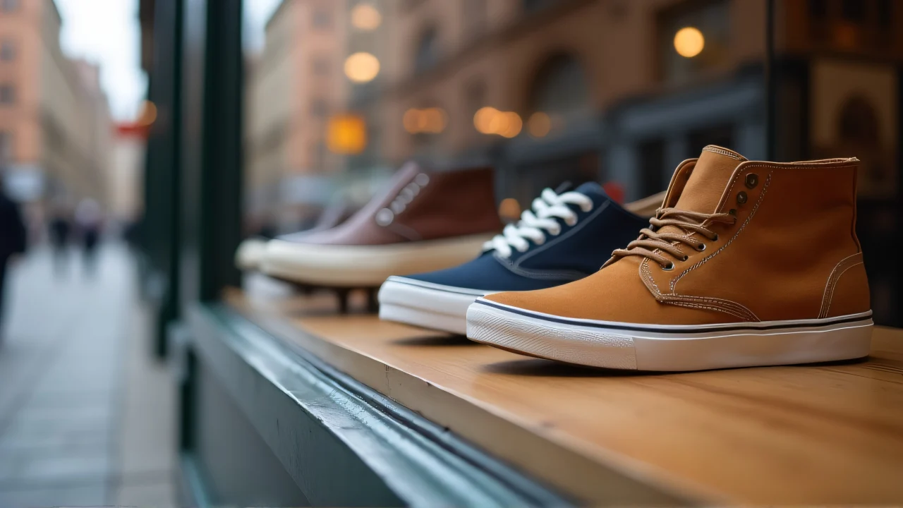 Three types of shoes displayed in a storefront window at midday.