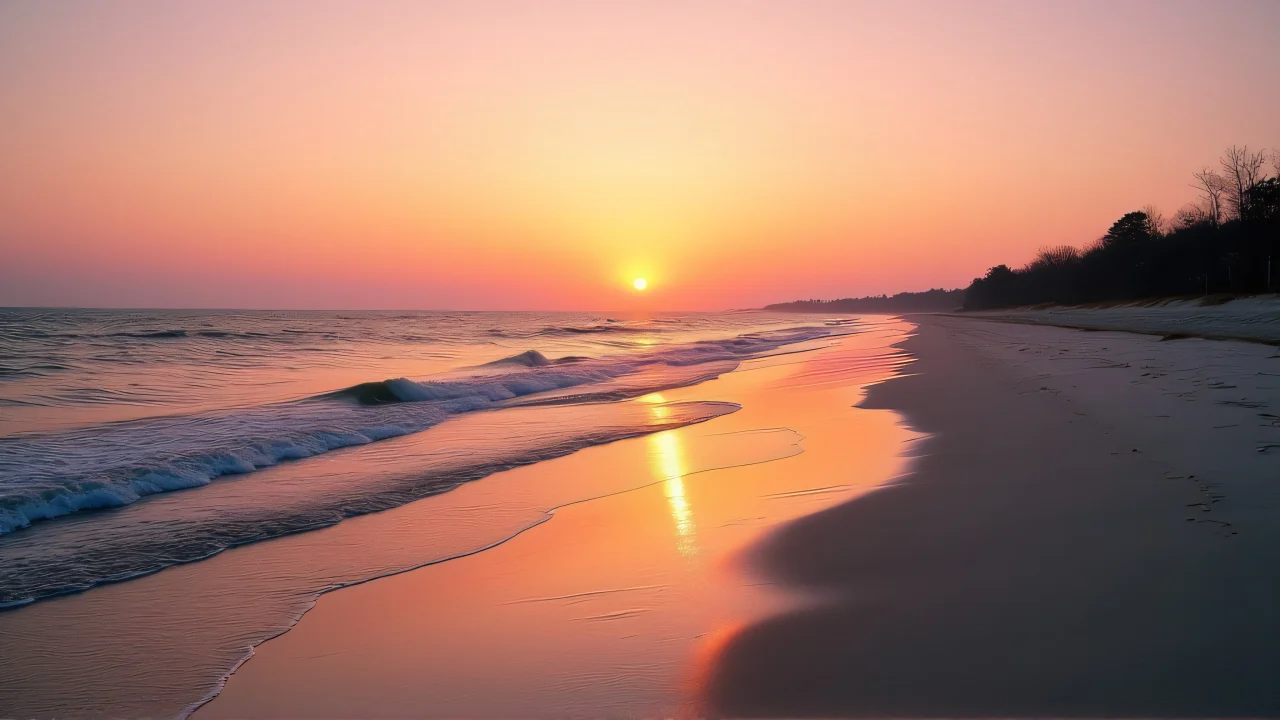 Wide shoreline at sunset with silhouetted trees and wet sand.