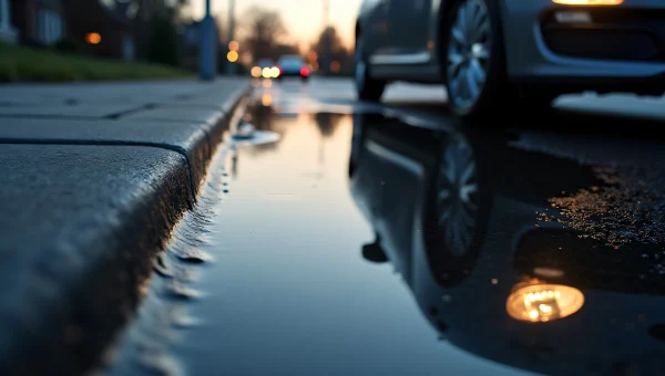 Sidewalk Puddle Reflection Of Parked Car At Dusk
