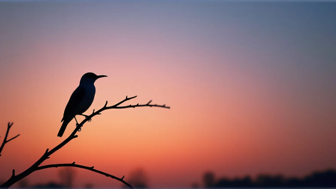 A silhouette of a bird sitting on a branch at twilight.