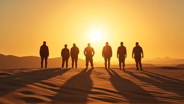 Silhouette Figures on Windswept Sand Field