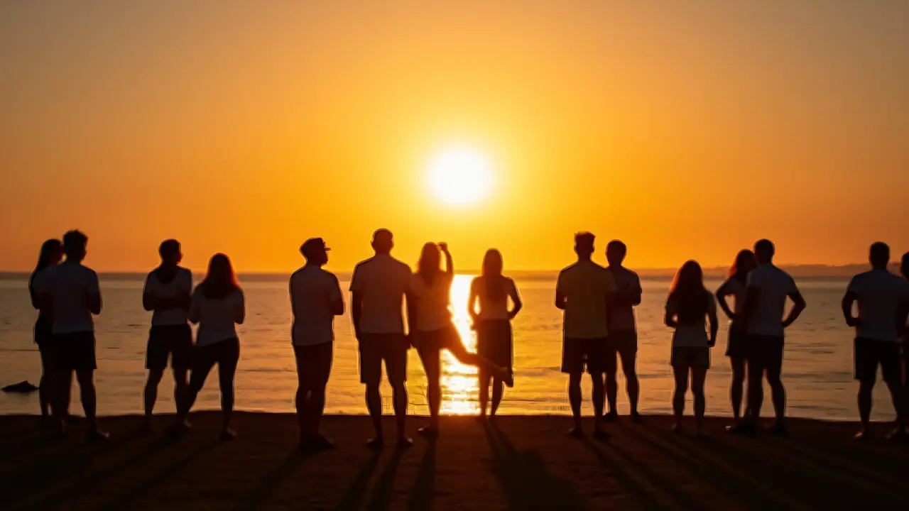 A group of people silhouetted against a vibrant sunset on the shoreline, creating long shadows.