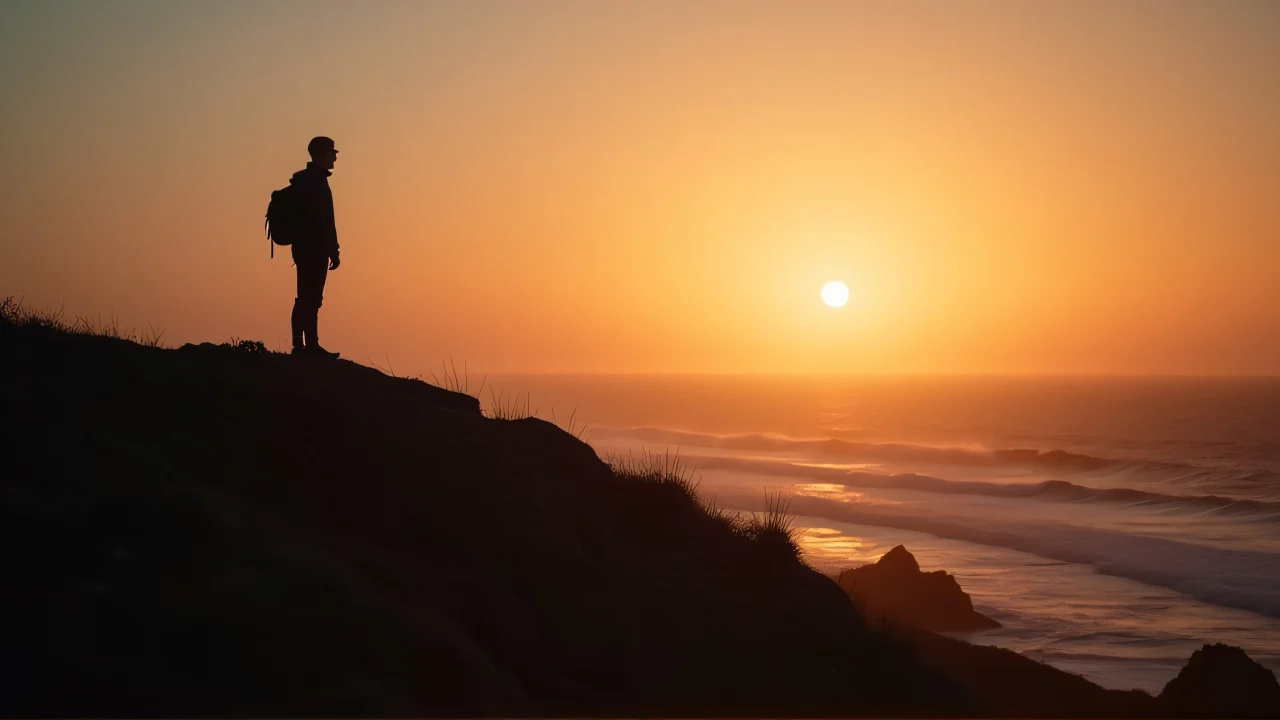 A silhouette of a man standing on a cliff at dusk, illuminated by low sunlight.
