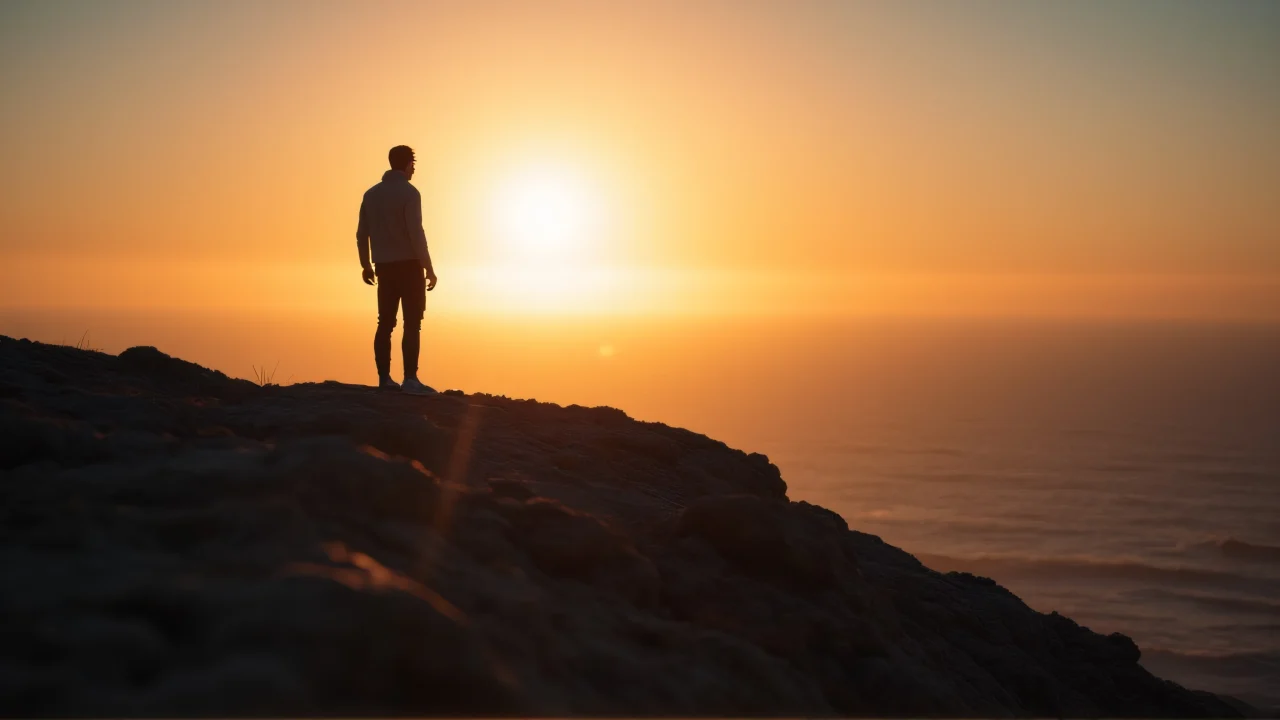 A man stands silhouetted on a cliff at dusk, backlit by the setting sun.