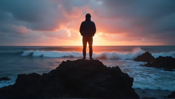 Silhouette Person Coastal Rock Twilight Waves