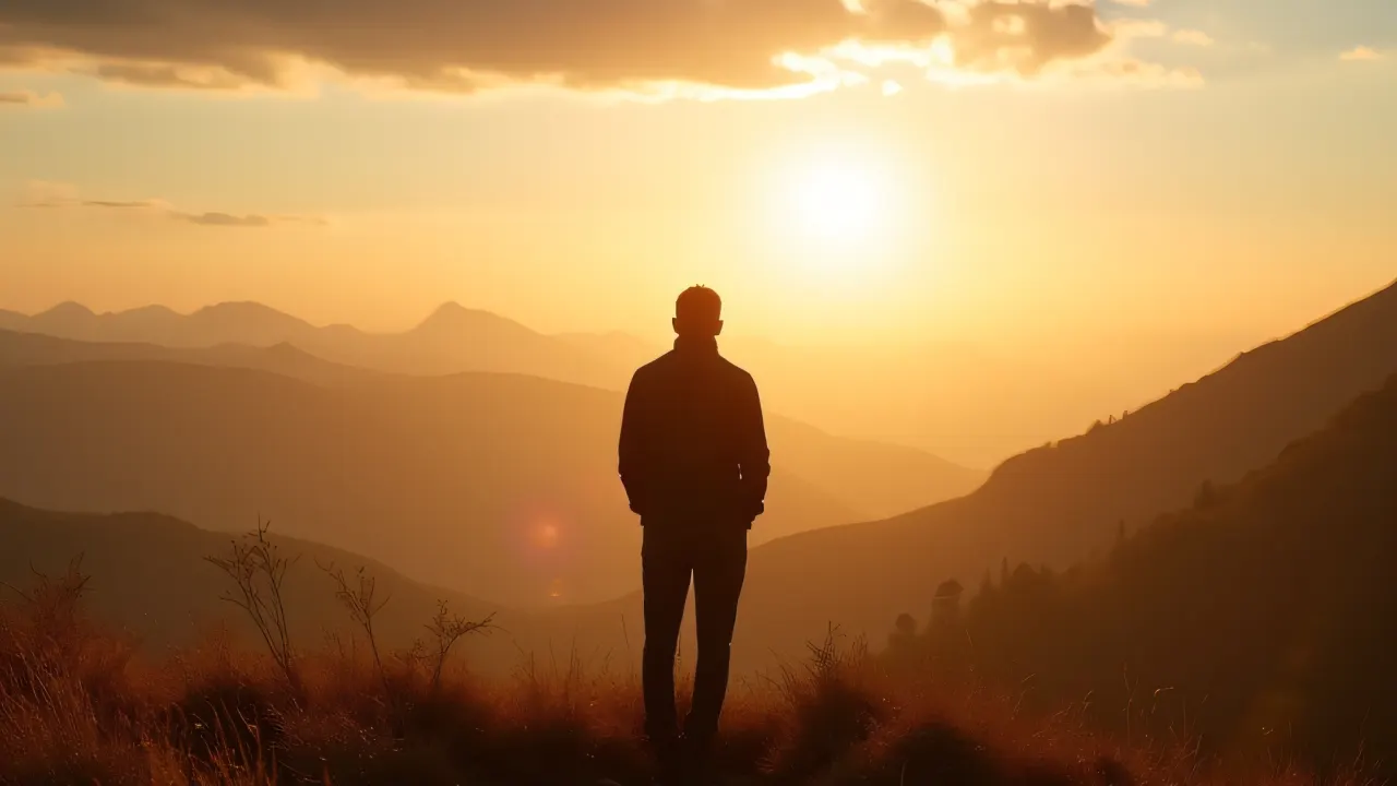 A person stands silhouetted on a hilltop during golden hour, overlooking a distant valley.
