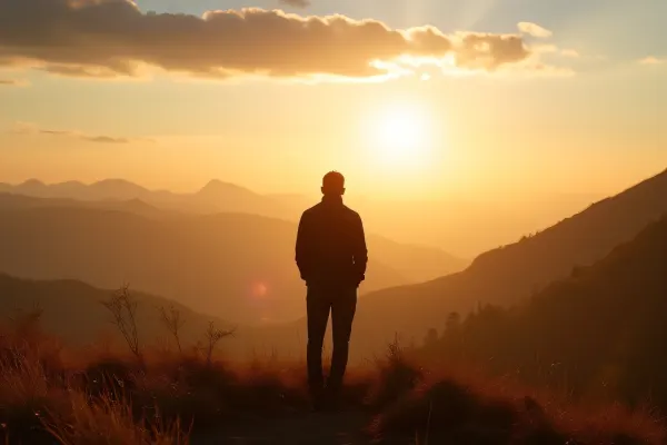 Silhouette Person Hilltop Golden Hour Valley