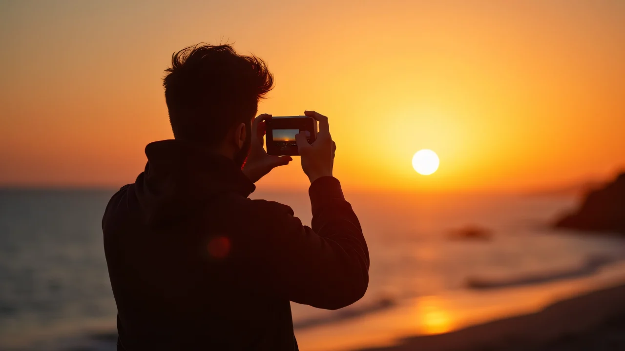 A person silhouetted against a sunset taking images by the ocean.