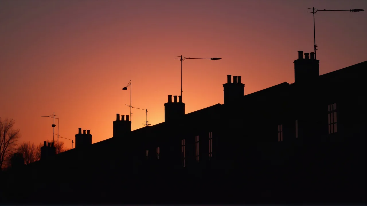 Row houses silhouetted against a vibrant dusk sky.