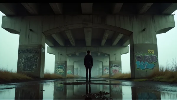 Silhouette Under Concrete Bridge with Graffiti
