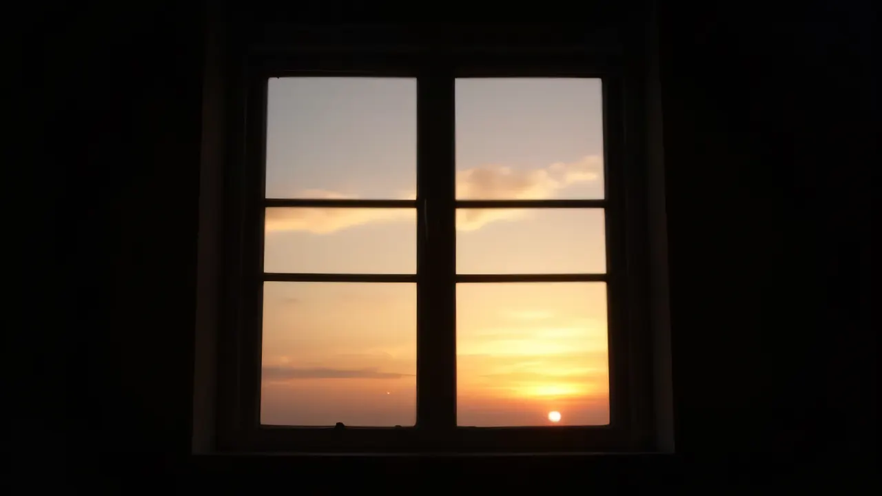 A silhouette of a window against a dawn sky, highlighting backlit glass panes.