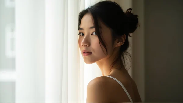 Silhouette Woman by Sheer Curtain Natural Light