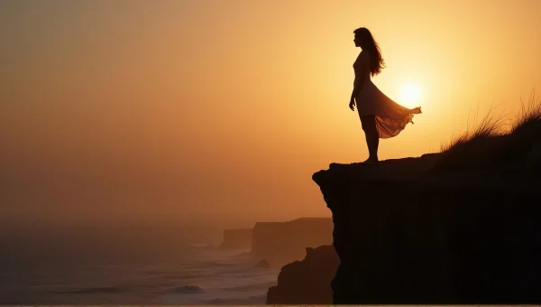 Silhouette Woman Cliff Edge Dusk Windy Scene