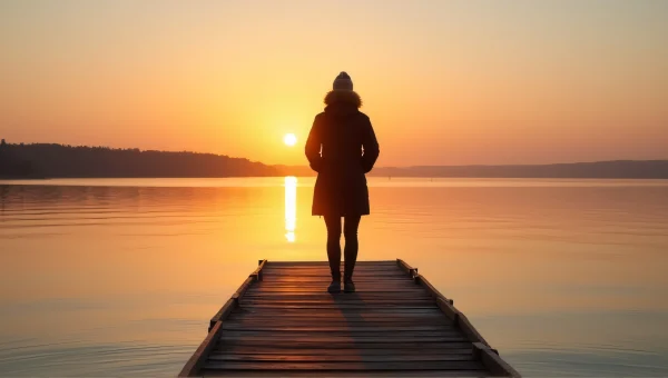 Silhouette Woman on Dock at Sunset Reflection