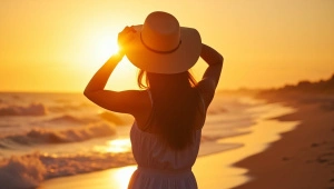 Silhouette Woman Hat Shoreline Golden Hour