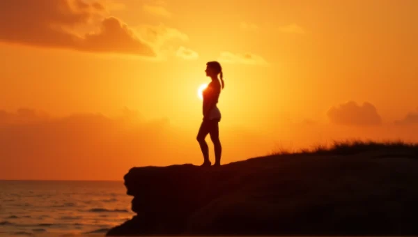 Silhouette Woman Standing Cliff Sunset Glow