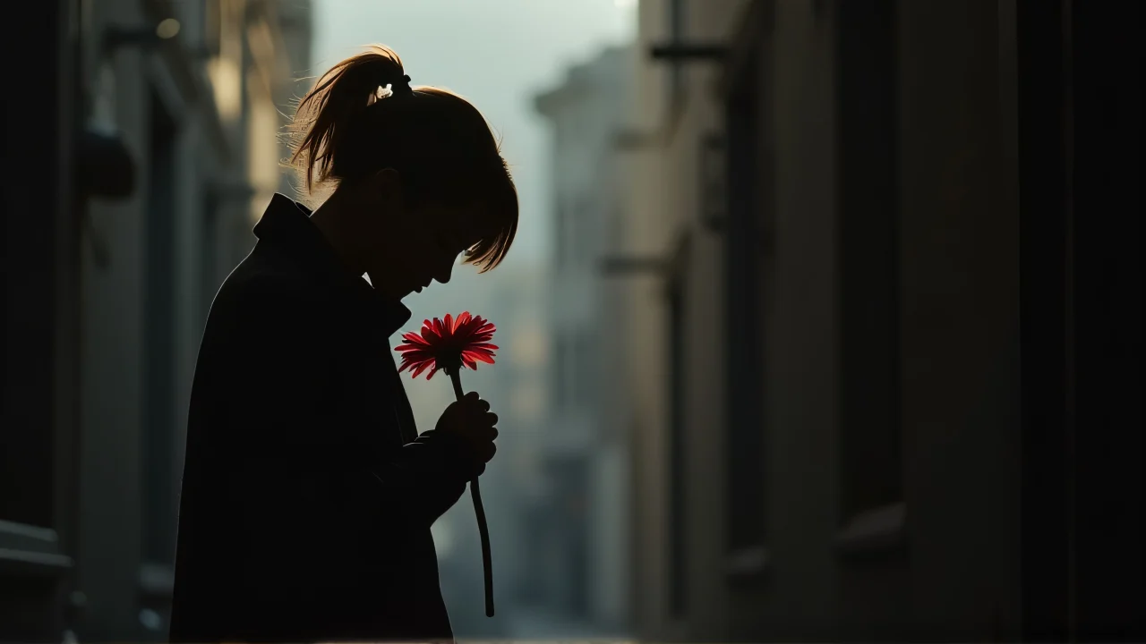 A silhouetted figure embraces a red flower against an urban alley backdrop.