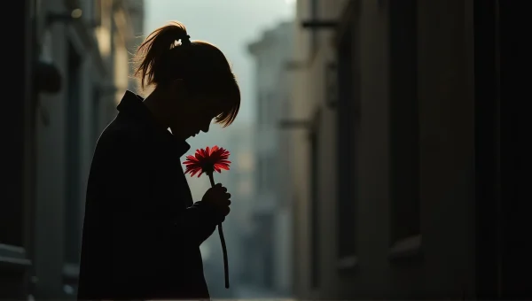 Silhouetted Figure with Red Flower in Urban Alley