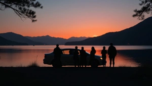 Silhouetted Figures By Car At Dusk Near Lake