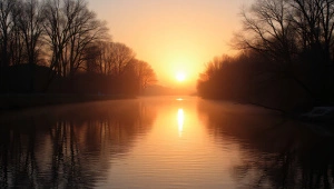 Silhouetted Trees Along Tranquil River at Sunset