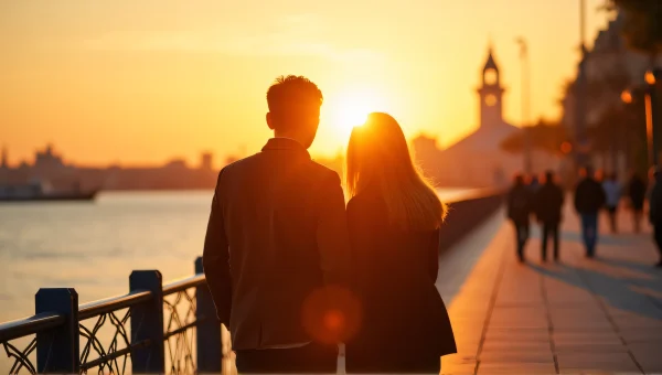 Silhouettes at Golden Hour by Waterfront Promenade