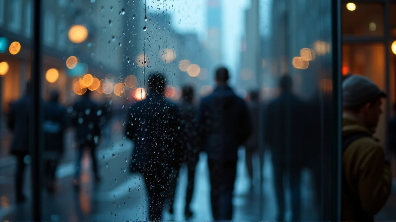 Group of people reflected on a rainy glass surface at dusk.