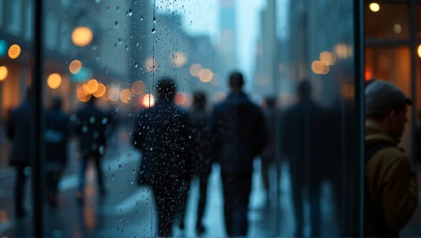 Silhouettes on Rain-Slick Glass Facade at Dusk
