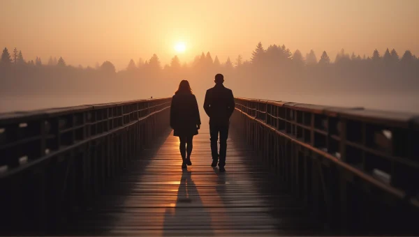 Silhouettes Walking on Wooden Bridge at Dusk