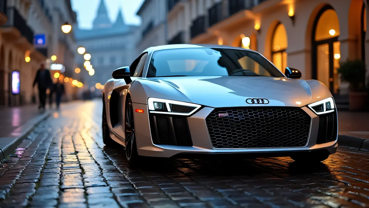 A silver Audi R8 parked on a wet cobblestone street during dusk.
