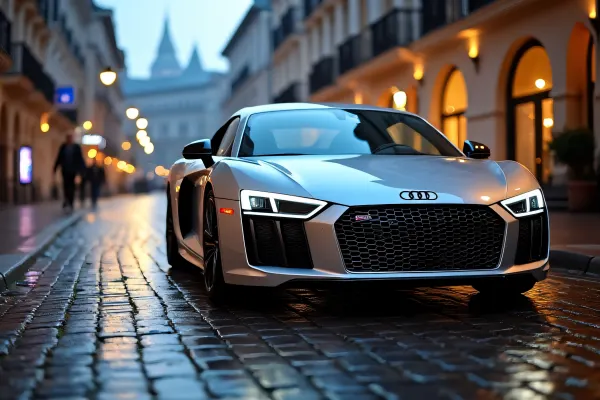 Silver Audi R8 Parked on Cobblestone Street at Dusk