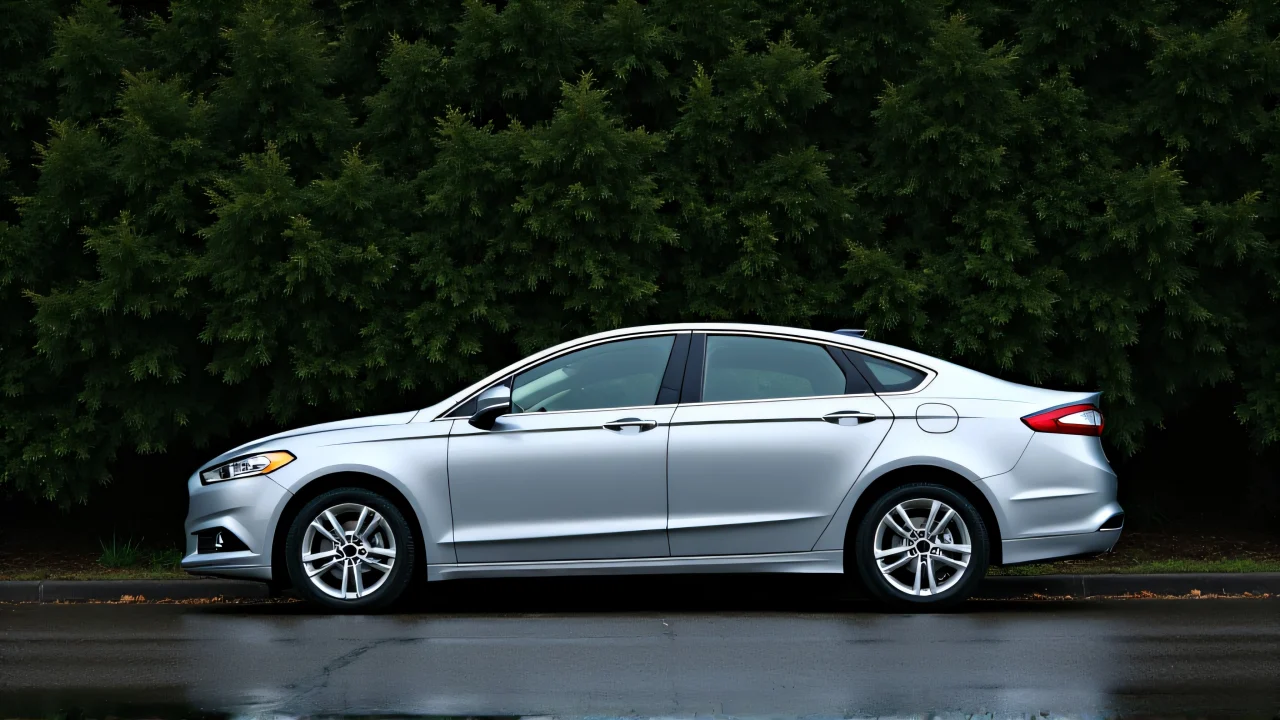 A silver sedan parked next to dense green foliage with wet asphalt reflections.