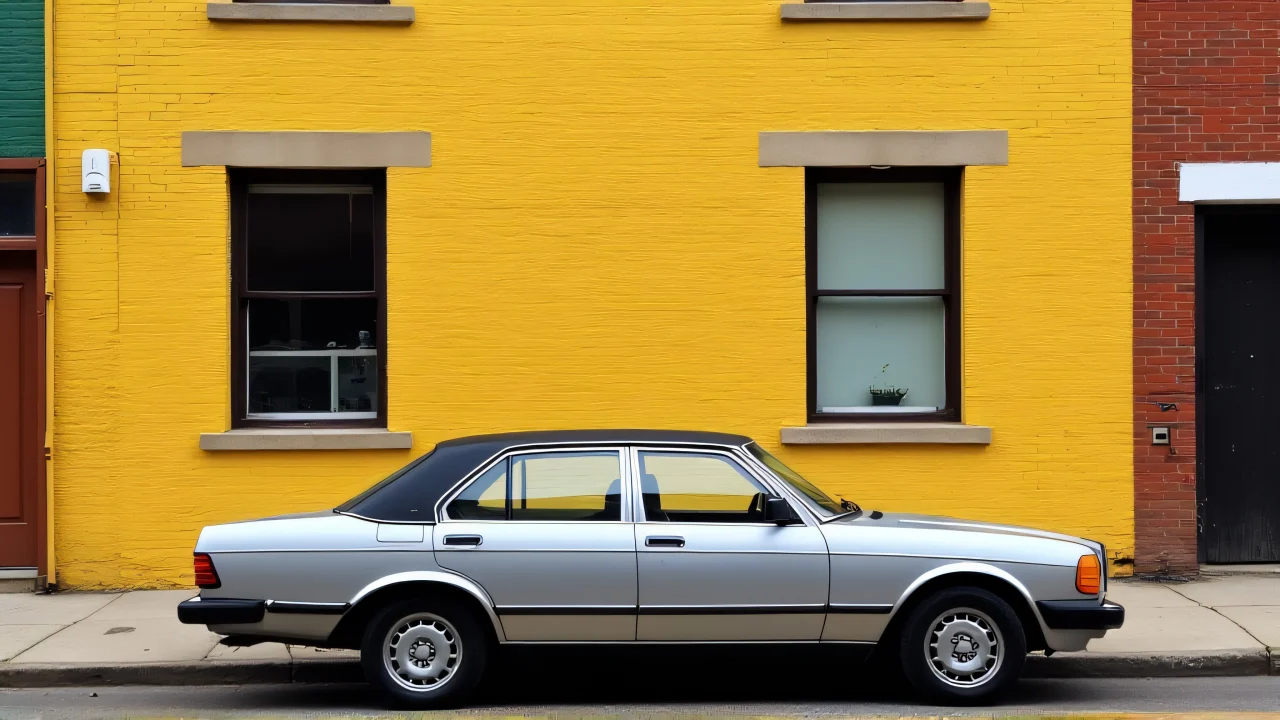 A silver sedan parked next to a yellow brick building in the city.