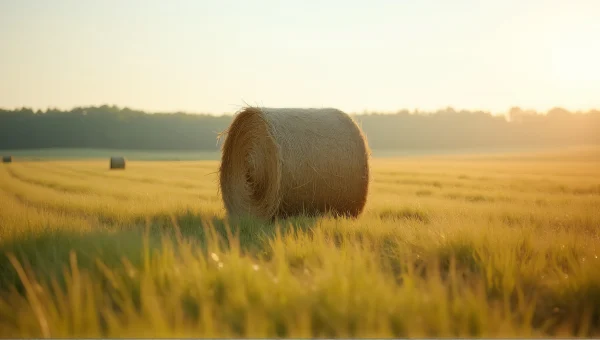 Single Hay Bale In Grassy Field At Sunrise