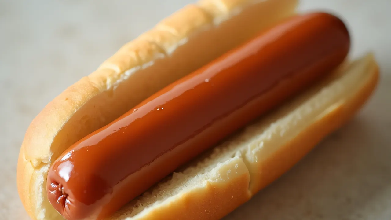 Close-up of a hot dog resting on sliced sandwich bread.