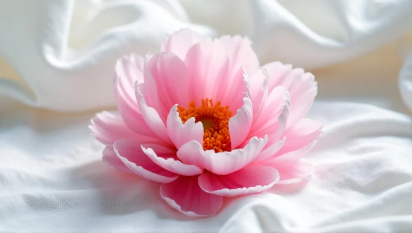 Single Pink Peony Bloom On Crumpled Linen
