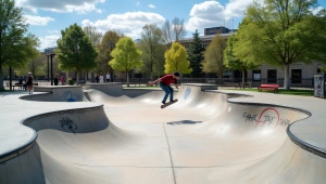 Skate Park Action: Skateboarders Mid-Air Tricks