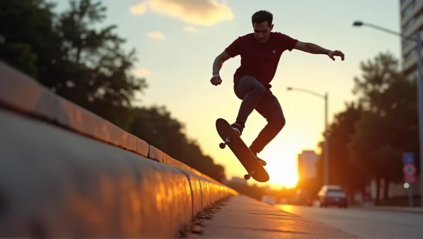 Skateboard Kickflip Over City Curb at Sunset