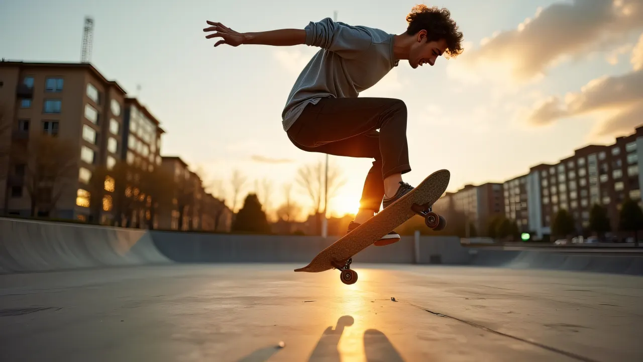 A man executing mid-air skateboard tricks in a skatepark during golden hour.