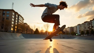 Skateboard Tricks Mid-Air at Urban Skatepark