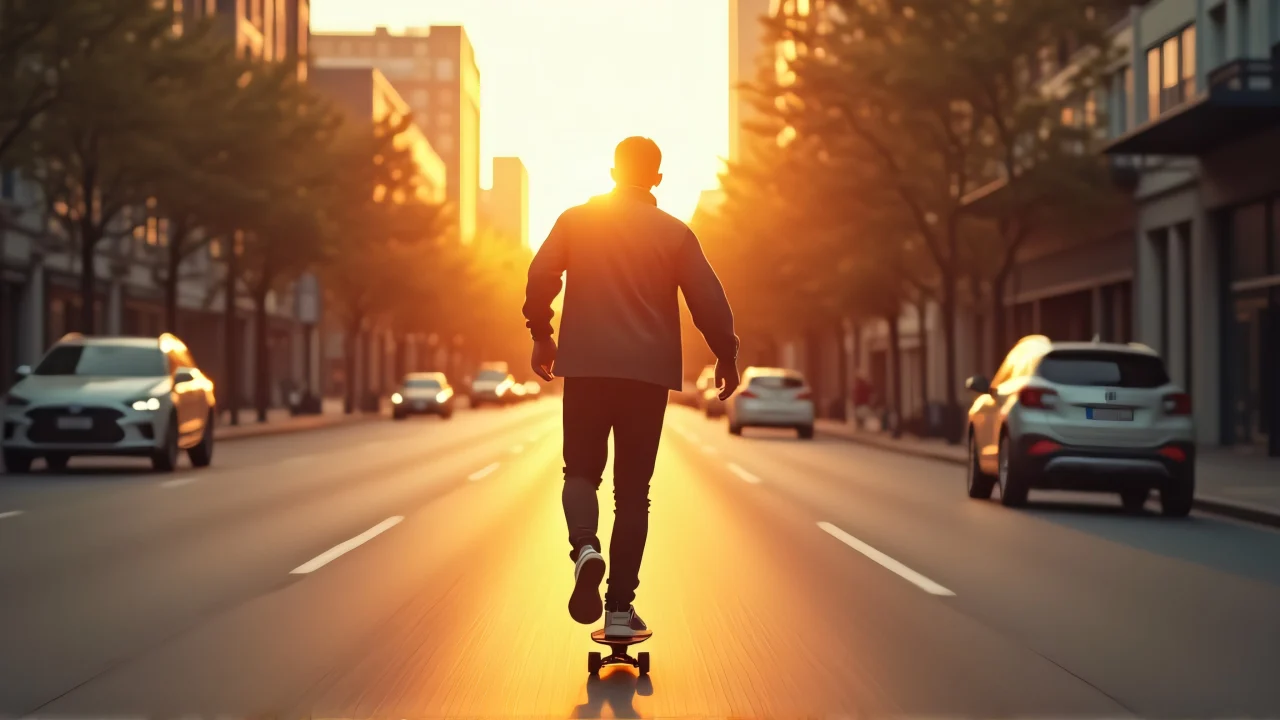 A man rides a skateboard down an urban street during golden hour with motion blur.