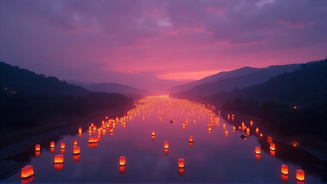 Dozens of glowing sky lanterns ascend over a river valley at dusk, with hills and reflections visible.