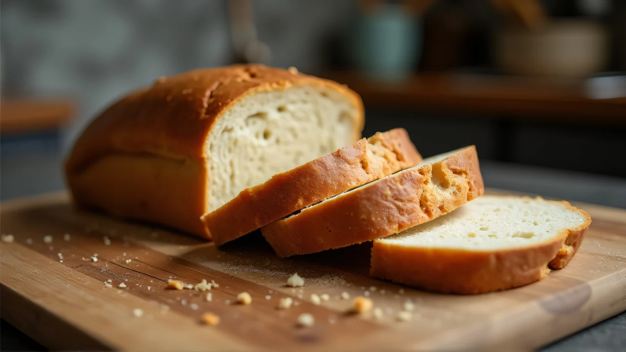 Close-up of sliced brown bread loaf with crumbs on wood.