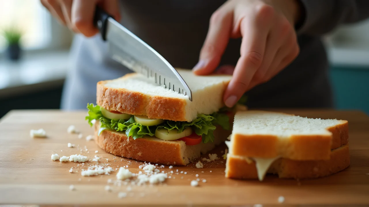 Close-up of a person slicing sandwich bread on a wooden board.