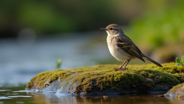 Small Bird Perched on Mossy Rock Near Stream
