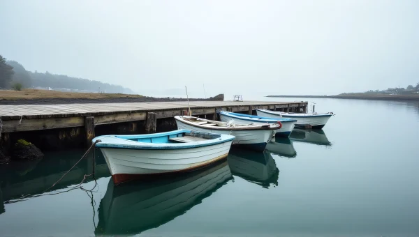 Small Boats Moored Dock Reflections Calm Water