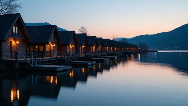 Small Houses By Calm Riverbank At Dusk
