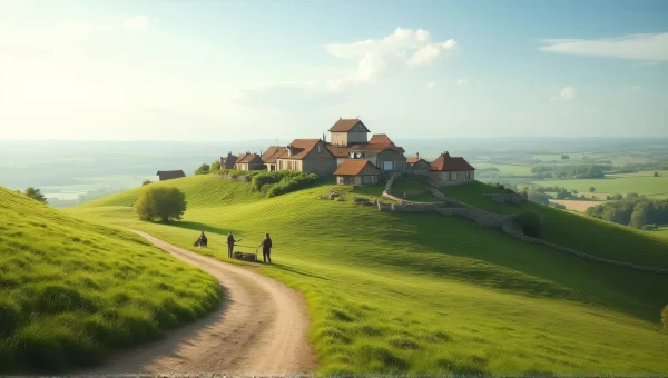 Small Houses Village On Rolling Green Hills
