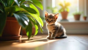 Small Kitten Beside Green Plants on Wooden Floor
