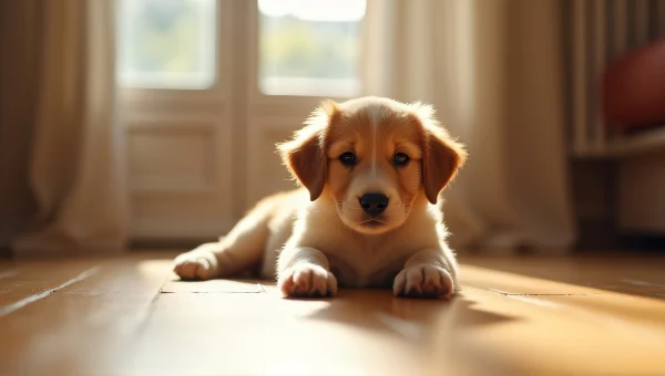 Small Puppy Lying on Hardwood Floor in Sunlight